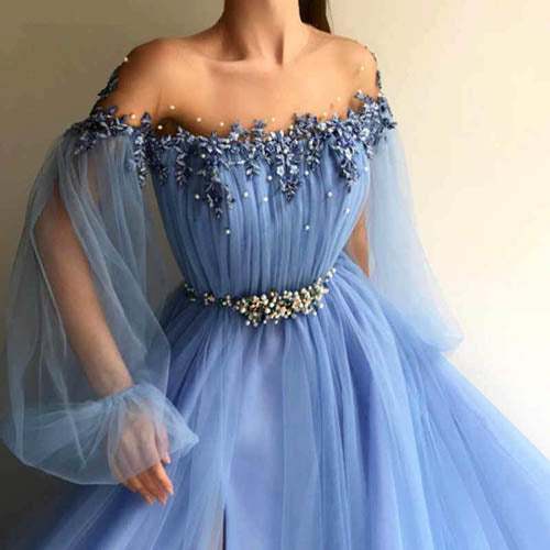 Elegant Off the Shoulder Blue Long Sleeves Beaded Side Slit Prom Dress Musebridals Elegant Off the Shoulder Blue Long Sleeves Beaded Side Slit Prom Dress Musebridals