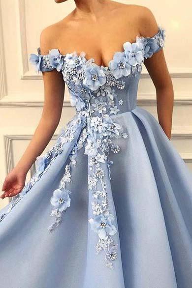 Off the Shoulder A-Line Blue Tulle Lace Sweetheart 3D Flowers Prom Dresses,MP454