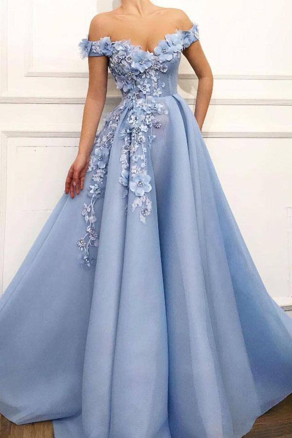 Off the Shoulder A-Line Blue Tulle Lace Sweetheart 3D Flowers Prom Dresses,MP454