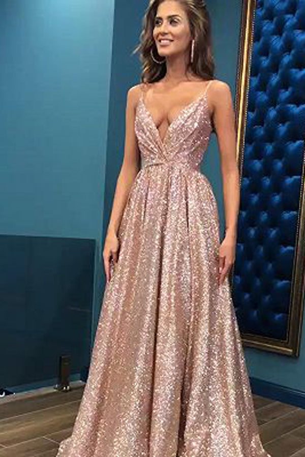 Gorgeous V-Neck Spaghetti-Straps Long Sequins Evening Gown,MP456|musebridals.com
