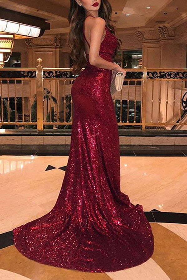 Musebridals.com offer V-Neck Sleeveless Side Slit Sequins Burgundy Mermaid Prom Dresses,MP461
