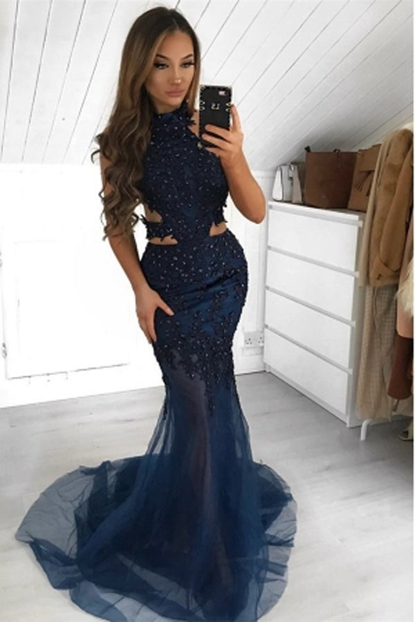 Gorgeous Halter Sleeveless Sheer-Tulle Mermaid Prom Dress, MP464|musebridals.com