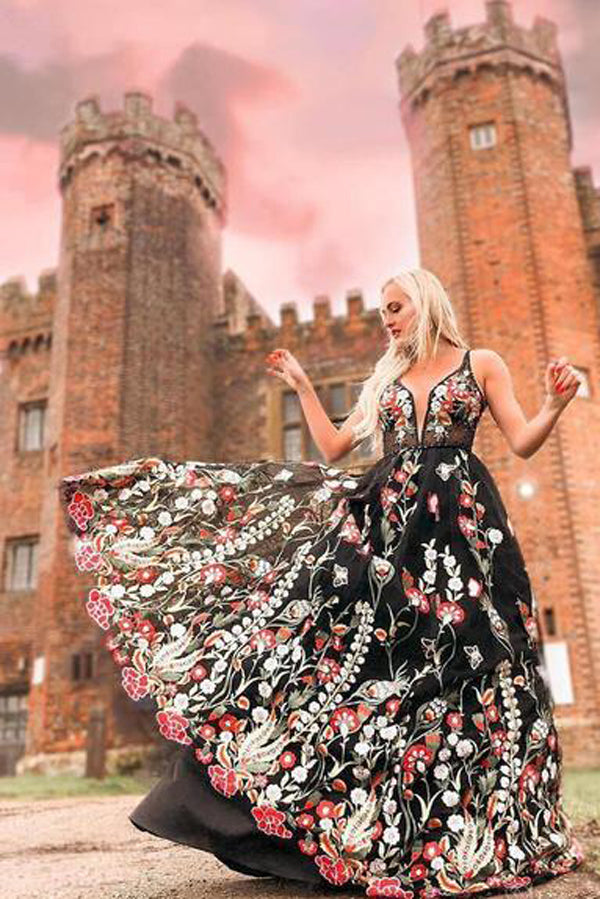 Spaghetti Strap Black Prom Dresses Floral Formal Dress,MP466|musebridals.com