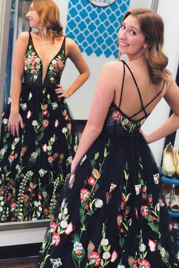 open lace back dress Spaghetti Strap Black Prom Dresses Floral Formal Dress,MP466 – Musebridals