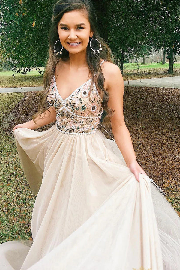 Chic Spaghetti Straps Low Back A Line Long Evening Dress,MP467|musebridals.com