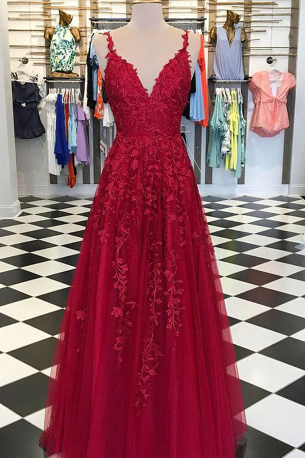 Gorgeous A-Line V-Neck Spaghetti Straps Dark Red Long Prom Dresses with Appliques, MP469|musebridals.com