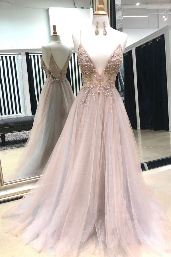 V Neck Spaghtti Straps Light Grey Blush Prom Dresses with Split Beaded Prom Dresses MP471