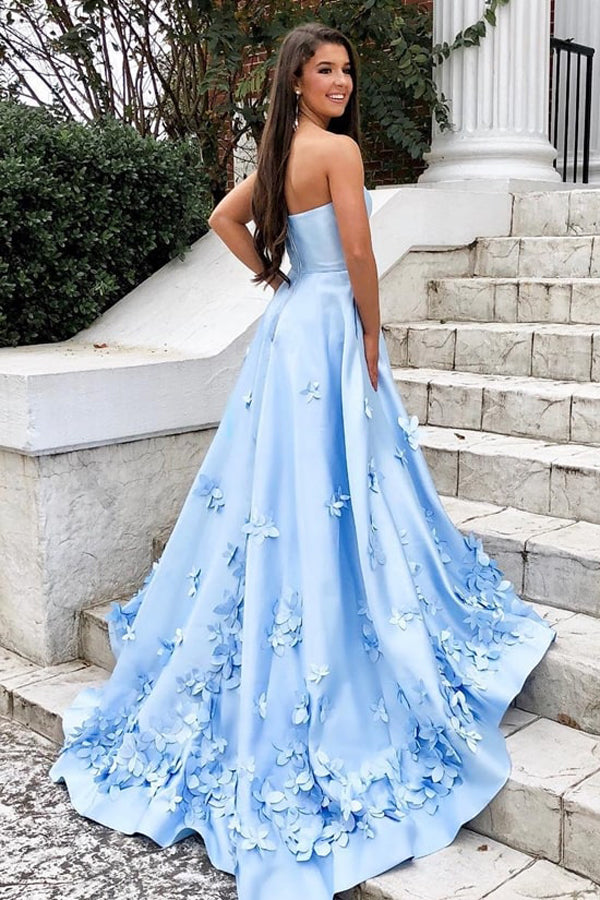Satin Sweetheart Sky Blue A-line Long Prom Dresses with 3D Floral Applique,MP472