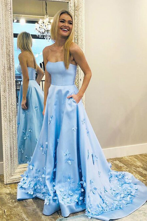 Floral Sky Blue Satin Prom Dress Light Blue Floral Long Evening