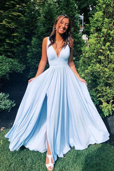 Simple Chiffon A-line blue v-neck Split long prom dress, evening dress,MP473|musebridals.com