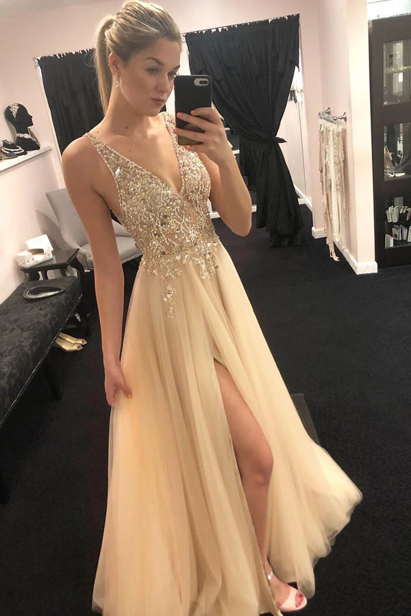 Deep V-Neck Beading Tulle Long Prom Dress,Simple Split Evening Dress,MP477 Musebridals Deep V-Neck Beading Tulle Long Prom Dress,Simple Split Evening Dress,MP477 Musebridals