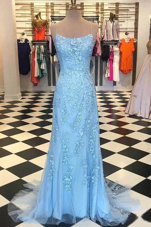 Cute Spaghetti Straps Sky Blue Mermaid Backless Scoop Pageant Prom  Dresses,MP480