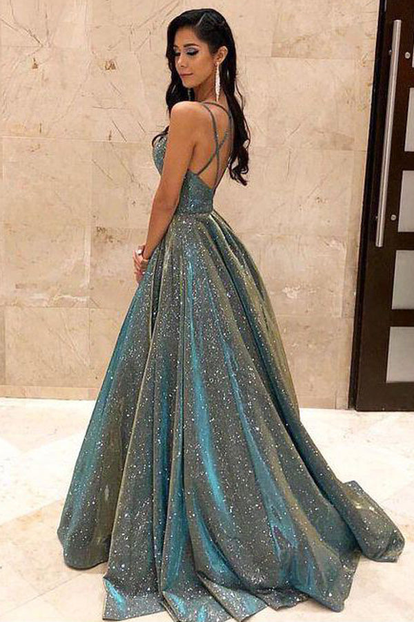 sparkly satin dress V-neck Sparkly Satin Long Prom Dresses with Pockets,Cross Back Evening Dresses,MP483