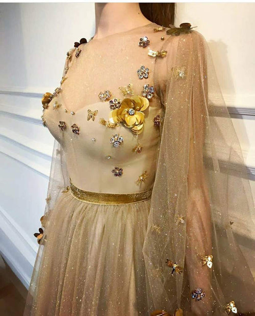 Chic Long Prom Dresses Floral Applique Golden Rhinestone Evening Dress Musebridals Chic Long Prom Dresses Floral Applique Golden Rhinestone Evening Dress Musebridals