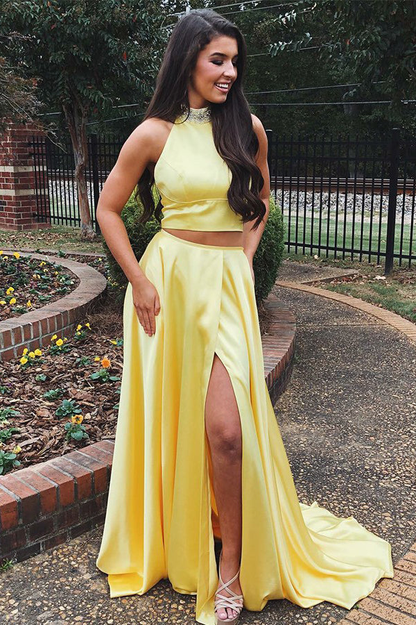 Bright Yellow Two Pieces Halter Neck Prom Dresses Beadings High Slit Party Dresses,MP493 Bright Yellow Two Pieces Halter Neck Prom Dresses Beadings High Slit Party Dresses,MP493