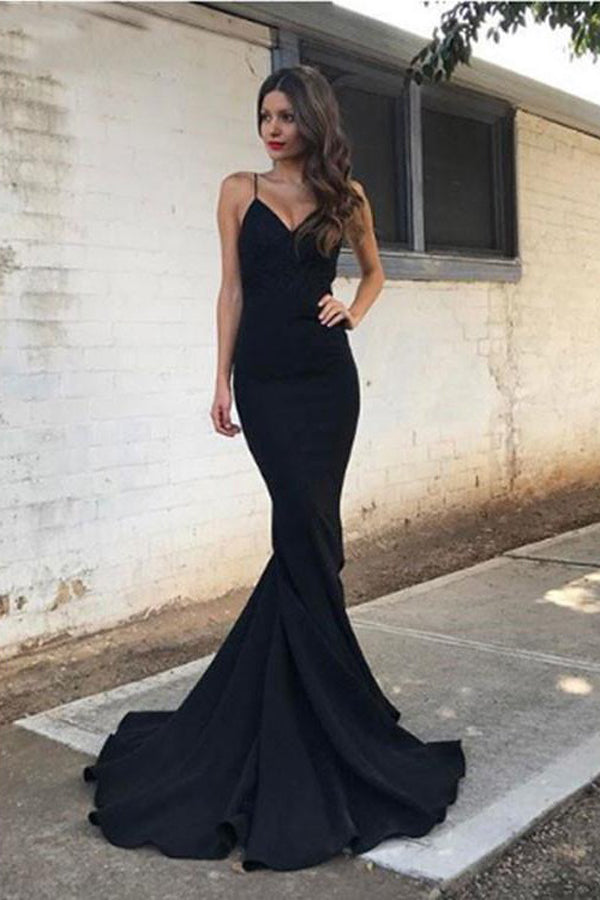 Black Spaghetti Straps Mermaid V-neck Strapless Prom Dress,MP496