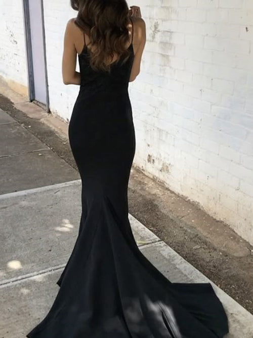 Black Spaghetti Straps Mermaid V-neck Strapless Prom Dress,MP496 | musebridals.com