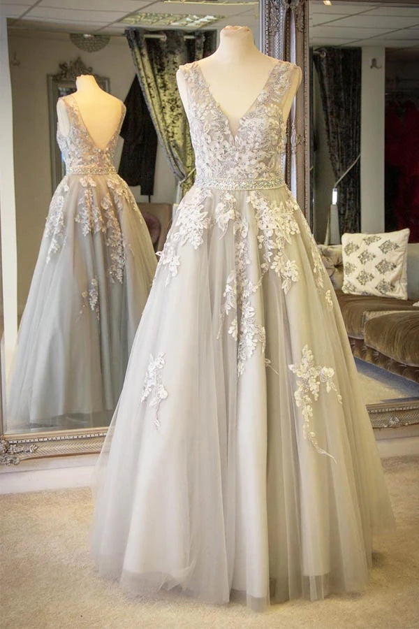 V-neck Lace Appliques A-line Long Light Grey Prom Dress With Crystals, Musebridals V-neck Lace Appliques A-line Long Light Grey Prom Dress With Crystals, Musebridals