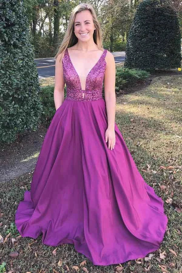 A-Line V-Neck Sweep Train Fuchsia Prom Dress With Beading Pockets,MP516