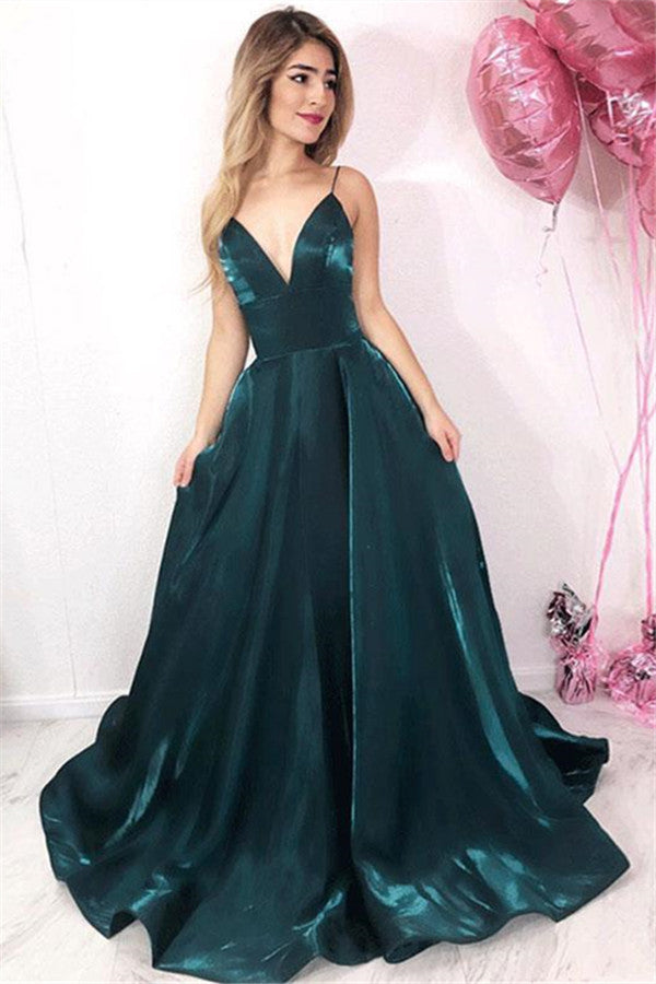 A line V neck Spaghetti Straps Open Back Dark Green with Pockets