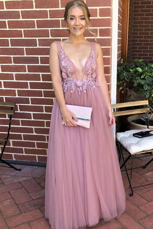 Charming A-line V-neck Open Back Pink Flower Lace Prom Dresses, Fairy Musebridals Charming A-line V-neck Open Back Pink Flower Lace Prom Dresses, Fairy Musebridals