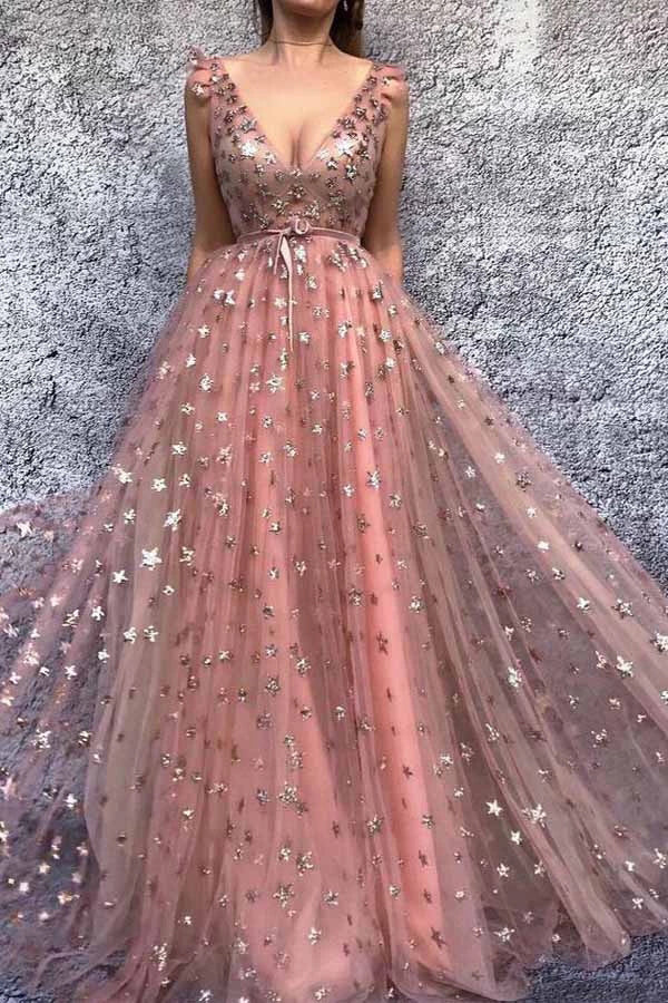 A-line V-neck Prom Dresses Pink Tulle Long Prom Dress Evening Dresses, – Musebridals