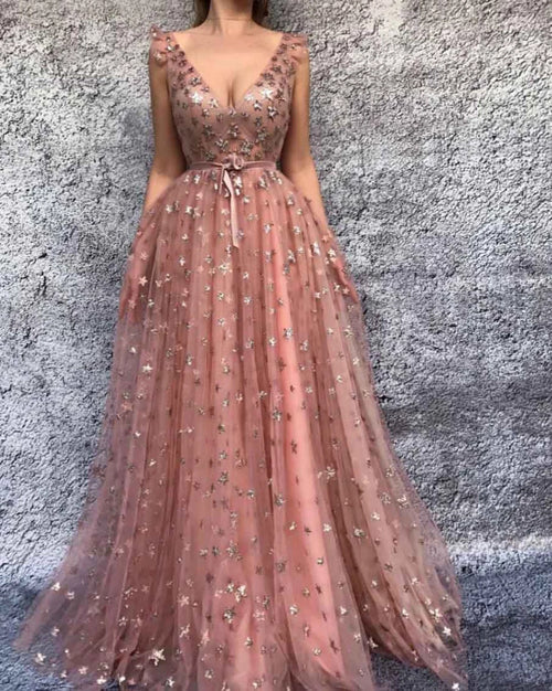 A-line V-neck Prom Dresses Pink Tulle Long Prom Dress Evening Dresses,MP524 | musebridals.com
