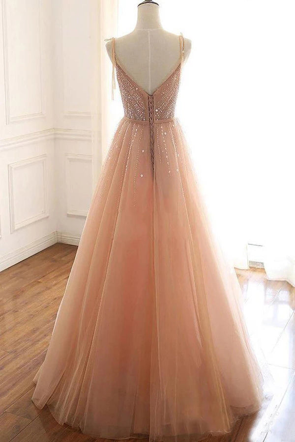 Champagne Gold Tulle Sequins Long Sleeve Appliques Prom Dress