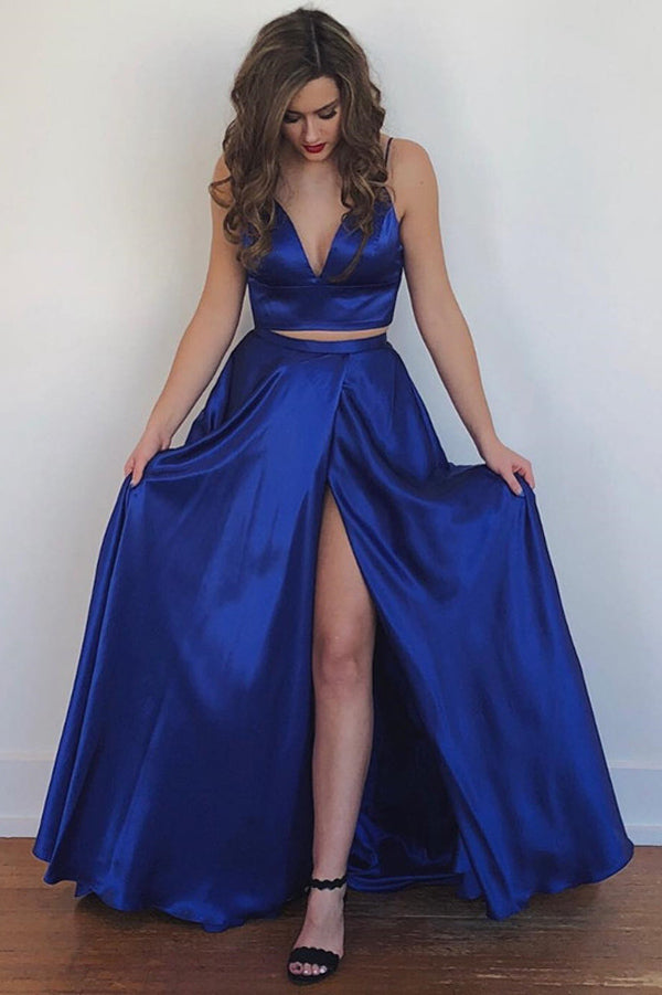 Blue Long Party Gowns Pockets Spaghetti Straps Two Piece Prom Dresses,MP529