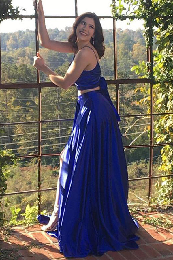 Blue Long Party Gowns Pockets Spaghetti Straps Two Piece Prom Dresses,MP529 | musebridals.com