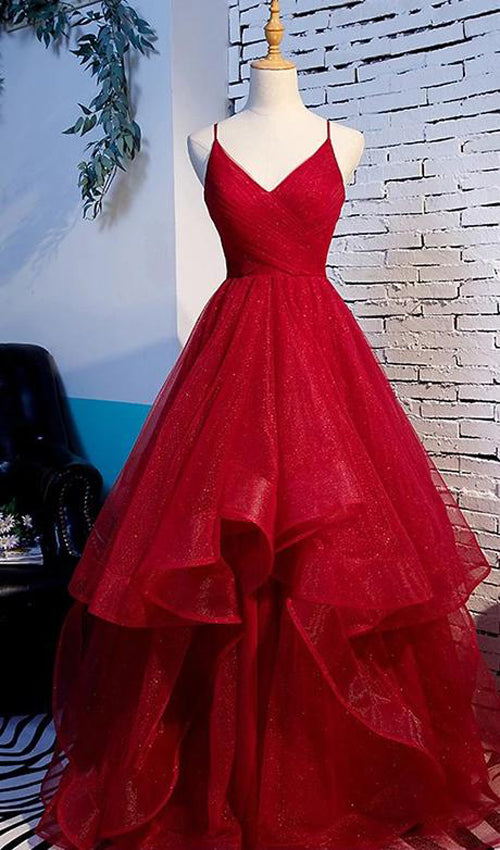 Pink Long Prom Dresses with Tiered Spaghetti Straps Red Evening Gowns,MP531 | musebridals.com