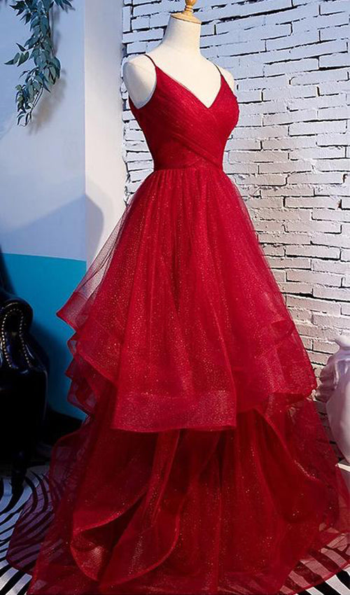 Pink Long Prom Dresses with Tiered Spaghetti Straps Red Evening Gowns, Musebridals Pink Long Prom Dresses with Tiered Spaghetti Straps Red Evening Gowns, Musebridals