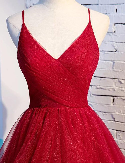 Pink Long Prom Dresses with Tiered Spaghetti Straps Red Evening Gowns,MP531