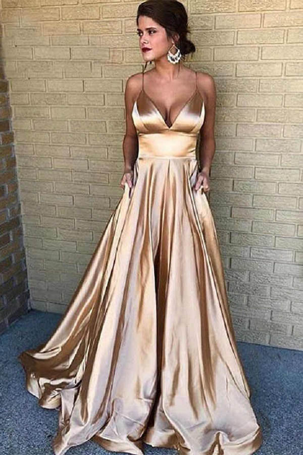 Cheap Prom Dresses Spaghetti Straps Long Evening Gowns With Pockets,MP535