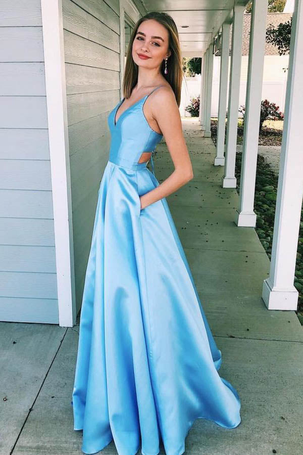 prom dresses with pockets Blue Prom Dress Long Satin Pockets Party Gowns Spaghetti Straps A Line,MP536