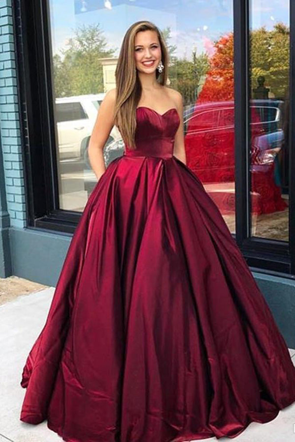 Sweetheart Dark Red Satin Long Prom Dresses with Pockets, Gown