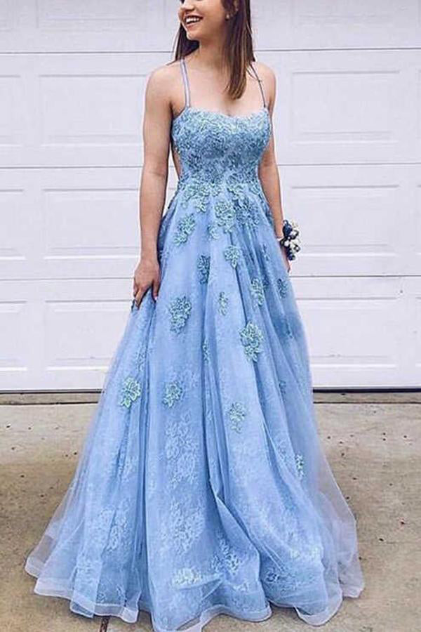 Cheap A-line Sweetheart Spaghetti Straps Blue Lace Prom Dresses with  Appliques,MP539