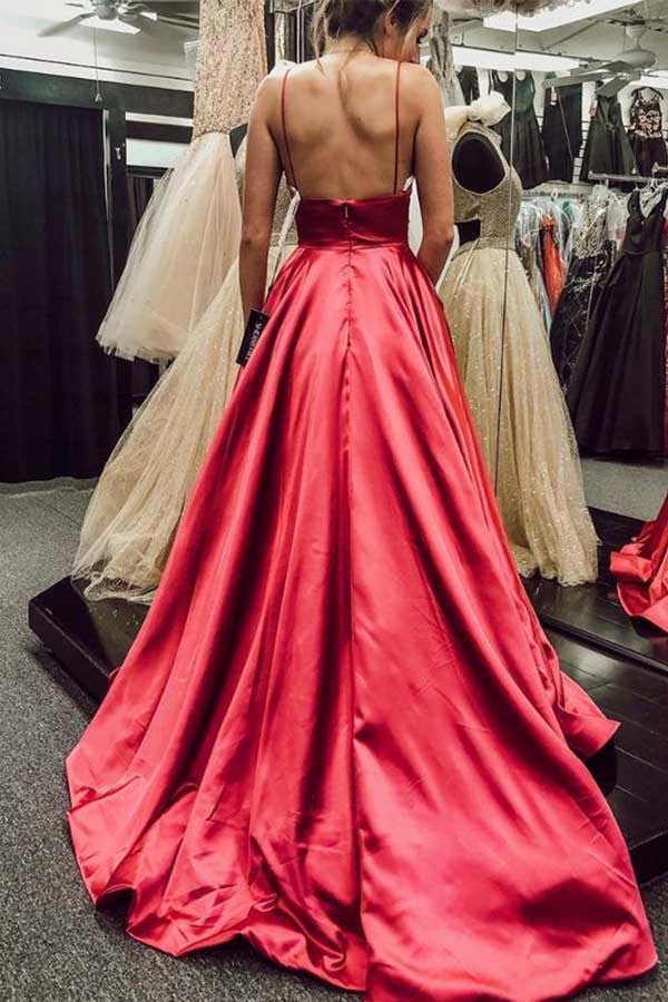 Spaghetti Straps Red Prom Dresses Pockets Long Evening Gowns Backless,MP544 | musebridals.com