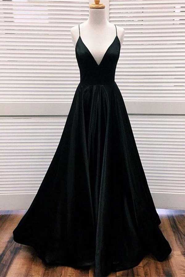 Black Satin Halter Strap A-line Slit Long Prom Dress - VQ