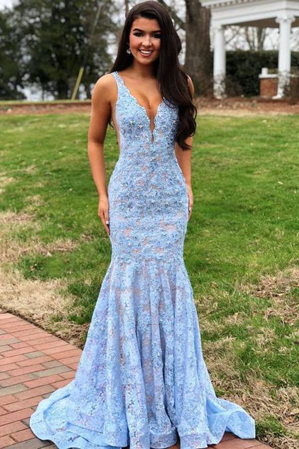 Charming Mermaid V-neck Open Back Light Blue Lace Prom Dresses,Elegant Evening Party Dresses,MP549