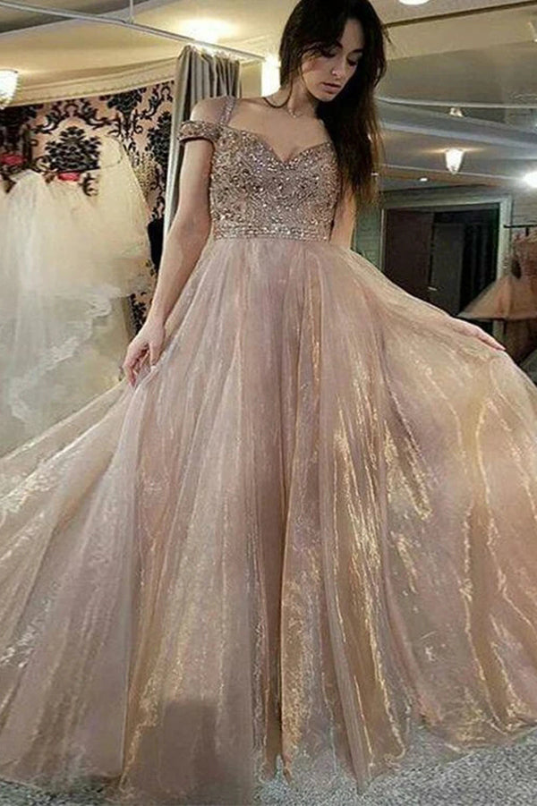 Straps Off The Shoulder Prom Dresses with Beading Long Formal Evening Dresses,MP554