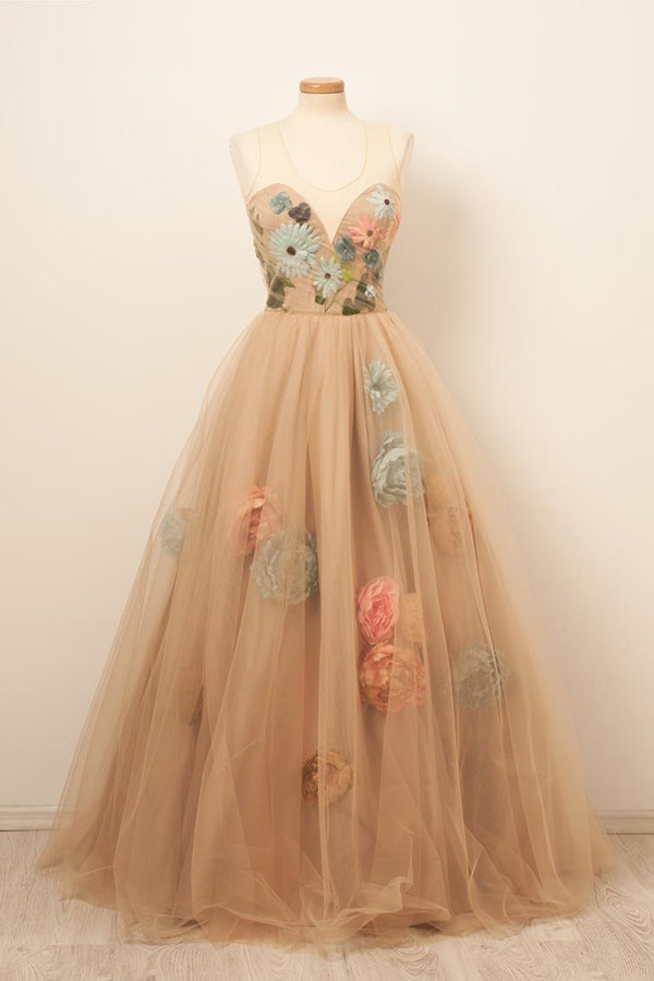 Satin&Tulle Prom Dresses Scoop Long Floor-length Evening Gowns with Flowers,MP555