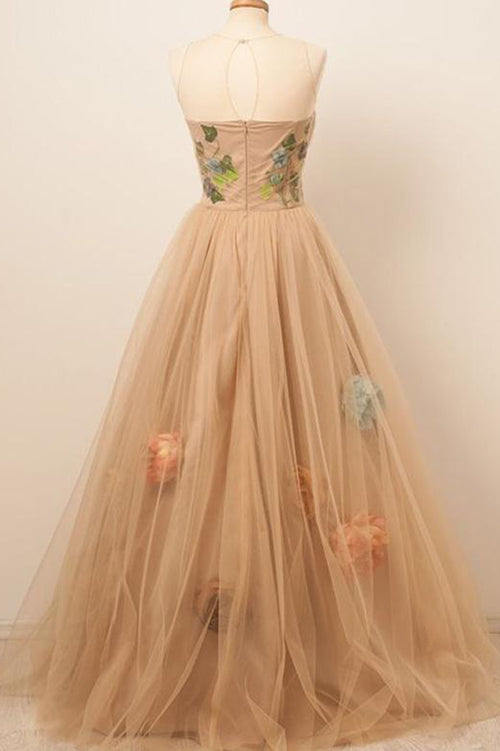 Satin&Tulle Prom Dresses Scoop Long Floor-length Evening Gowns with Flowers,MP555 | musebridals.com