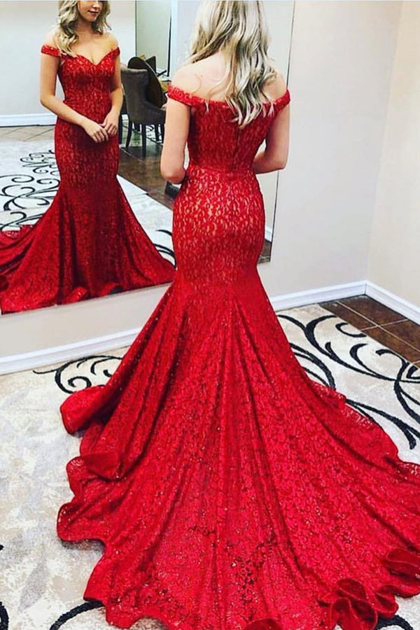 Red Lace Prom Dresses Mermaid Off the Shoulder Long Formal Evening Gow Musebridals