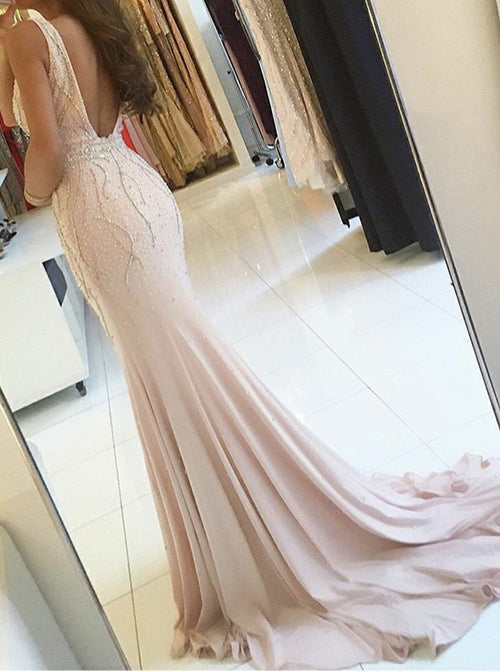 Pink Long Prom Dresses Mermaid V-neck Backless Evening Dresses with Beading,MP558 | musebridals.com