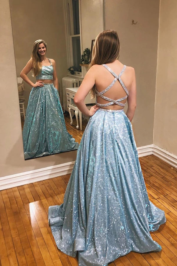 Tulle Lavender A-Line Sparkle Two Piece Prom Dress With Appliques ,MP559
