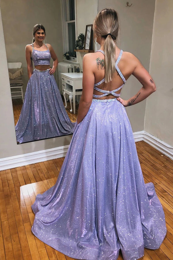 Tulle Lavender A-Line Sparkle Two Piece Prom Dress With Appliques ,MP559 | musebridals.com