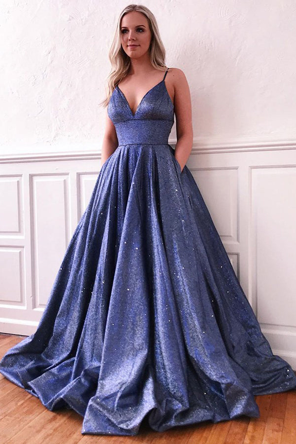Sparkle A-line Deep V-neck Spaghetti Straps Sweep Train Prom Dress wit Musebridals Sparkle A-line Deep V-neck Spaghetti Straps Sweep Train Prom Dress wit Musebridals