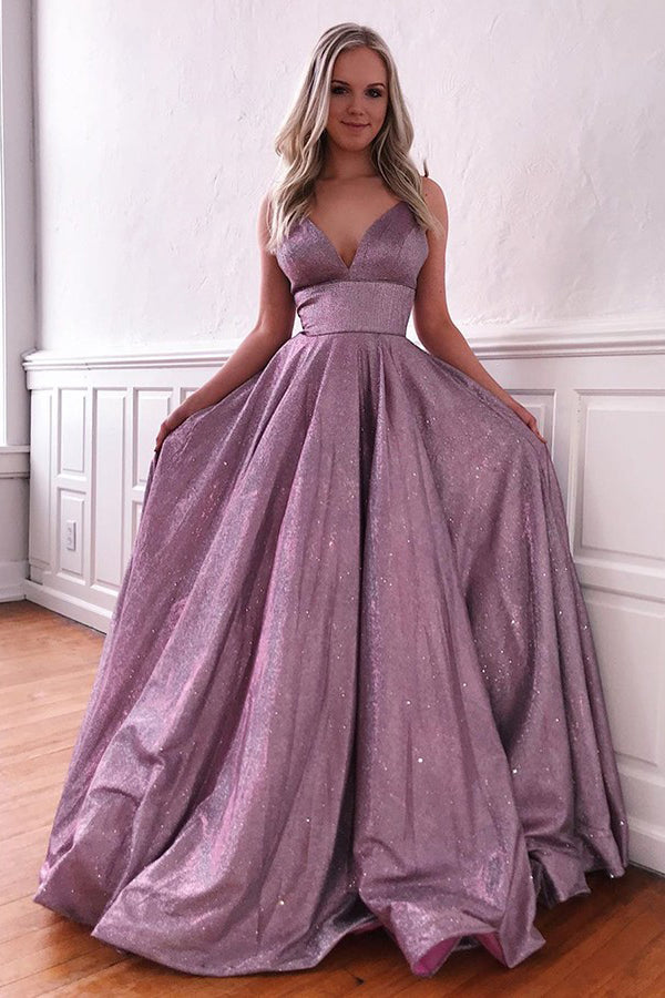 Sparkle A-line Deep V-neck Spaghetti Straps Sweep Train Prom Dress with  Pockets,MP561