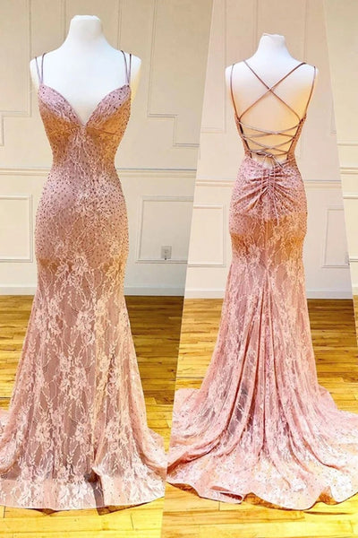 Simple Mermaid/Trumpet Prom Dress Spaghetti Straps Pink Lace Evening Dress,MP564